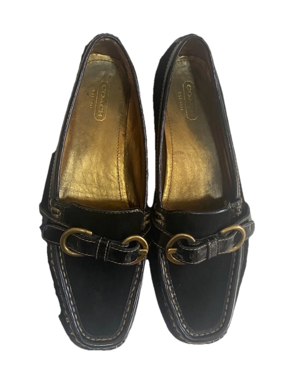Coach Women Size 8.5 Sharin Black Leather Suede Buckle Patent Trim Loafers Shoe - Picture 5 of 14